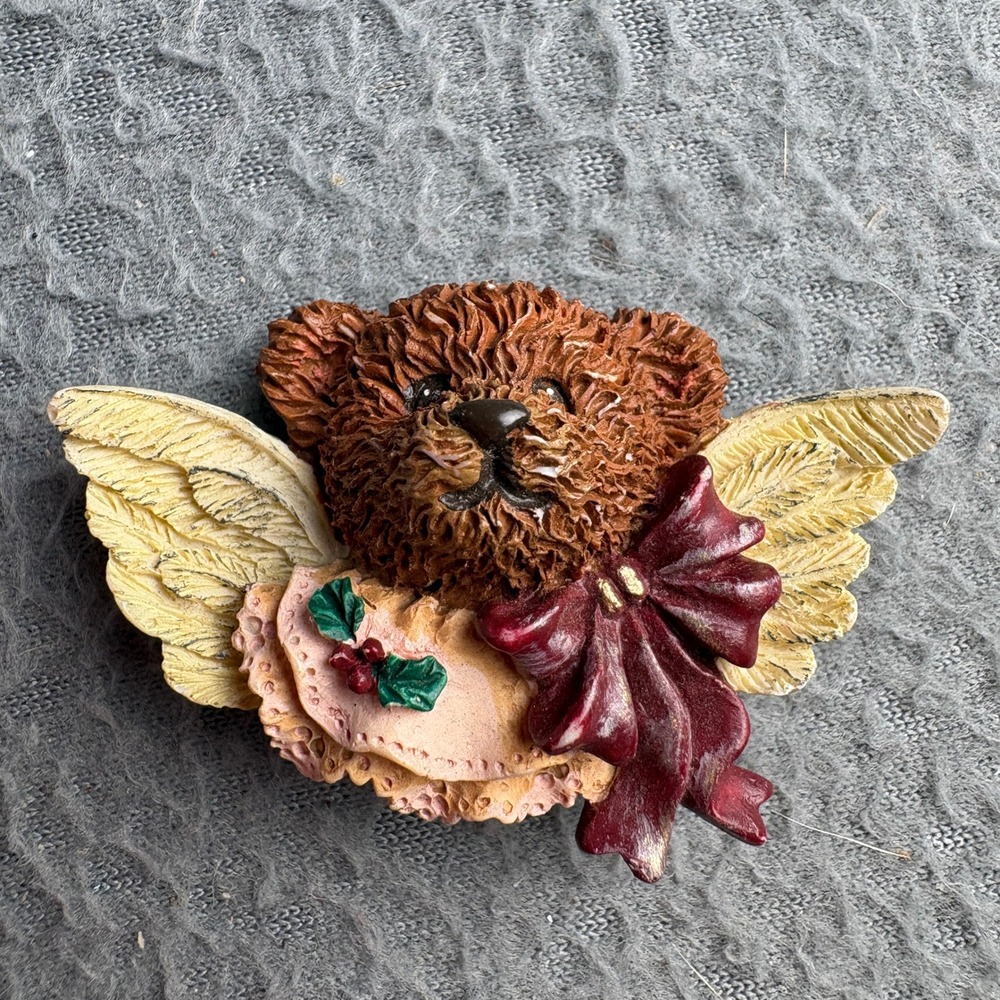 Vintage Christmas Teddy Bear Angel Brooch Resin Holiday Pin Red Bow Wings